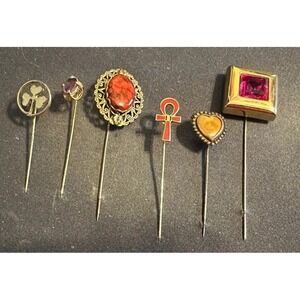 Vintage Lot Of 6 Stick Pins, Glass, Enamel, Monet, Heart And Various Stones